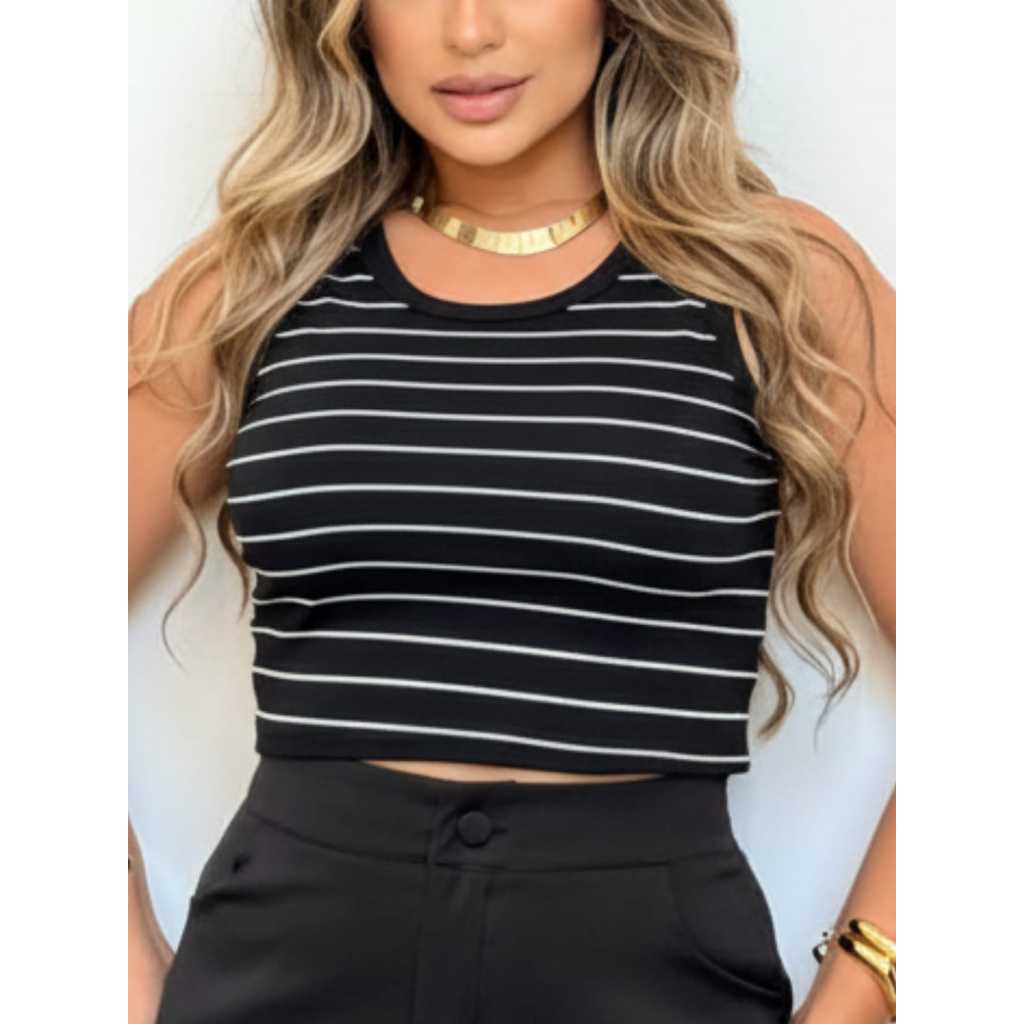 Regata crooped ribana listrada Feminina Canelada estilo americana  – Preto, Branco e Salmão