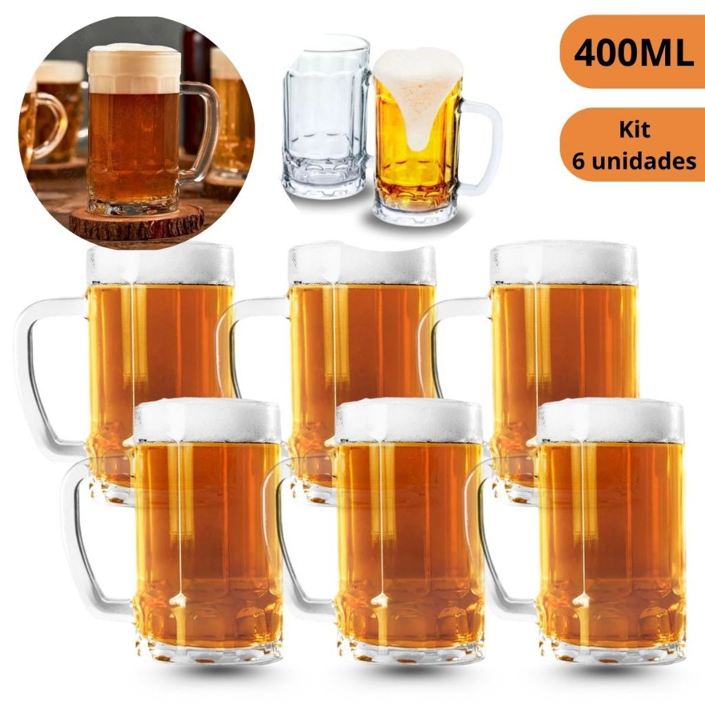 Jogo 6 Caneca de Chopp 400ML Vidro Reforçado