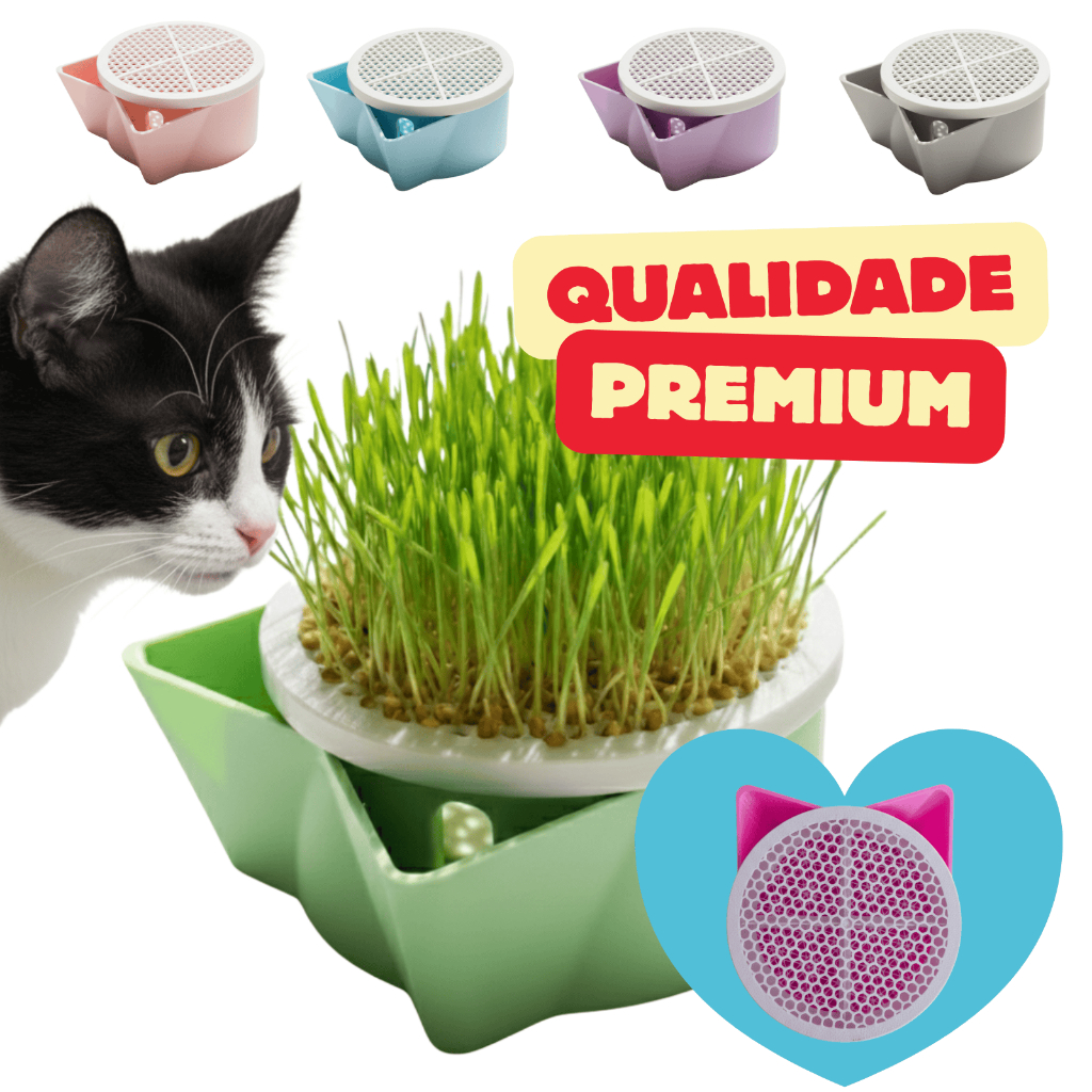 Vaso Autocultivo Grama Graminha Pet com Orelhas de Gato Autoirrigável Hidropônico + 50grs Sementes