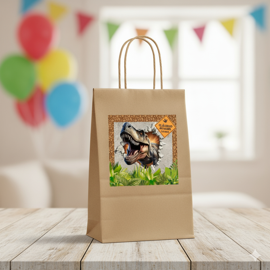 Adesivo para sacolinha personalizada lembrancinha de aniversário Dinossauro 10cm -Fazemos todos os temas