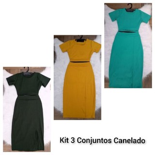 Kit 3 Conjuntos Canelado Feminino Cropped E Saia Midi– Conforto e Estilo em Triplo Promoção De Natal