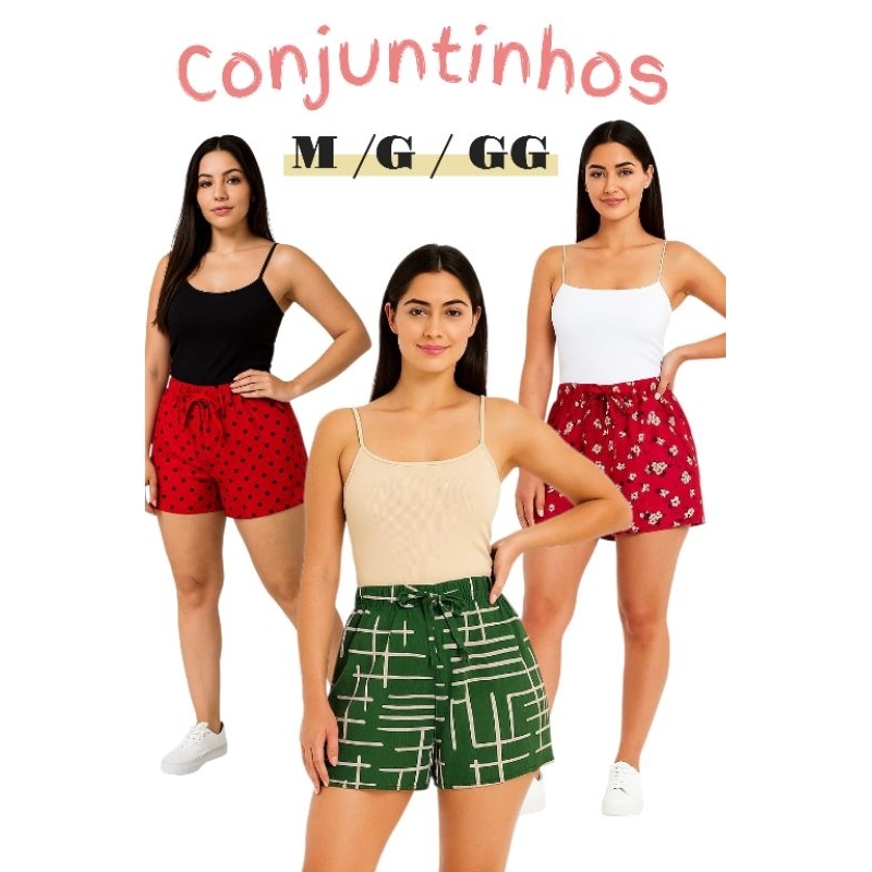 Conjuntinho Short Estampado e Regatinha Básica Moda Feminina Bermuda para Praia,Sitio Verão