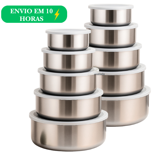 Jogo 10 Potes Tigelas em Inox Alumínio Com Tampa Redondo