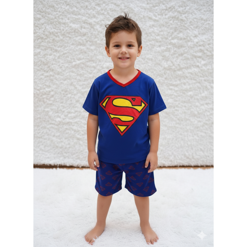 Pijama Infantil Menino Manga curta e short Super Homem Heroi Conjunto Masculino de Dormir