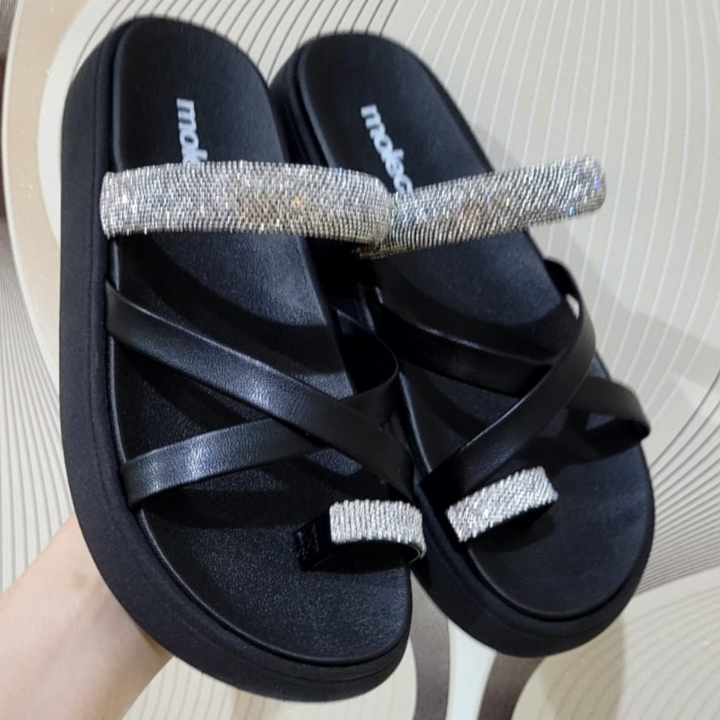 Sandália Feminina Moleca Papete 5469.147.30412  Stras Preto Cristal em Oferta na Shopee