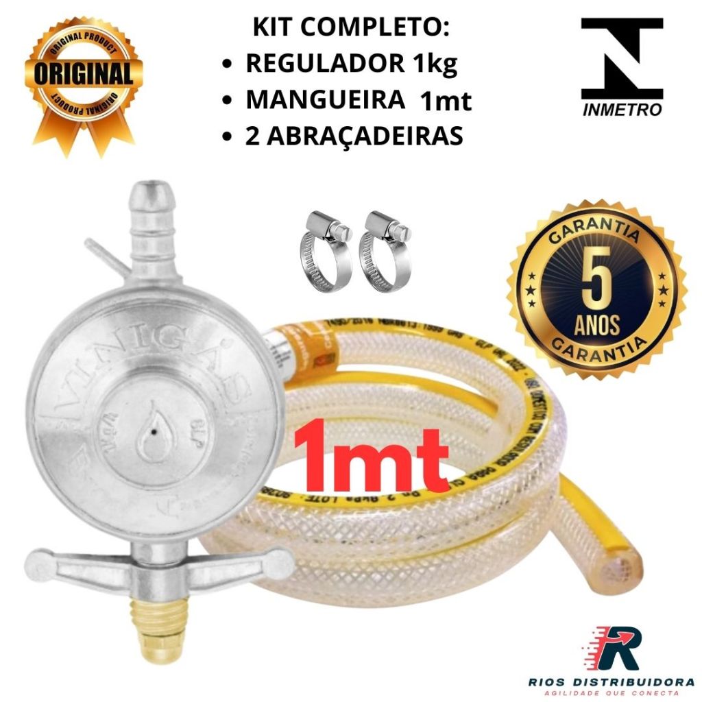 KIT REGULADOR DE GÁS DE COZINHA 1KG COM MANGUEIRA 1MT E 2 ABRAÇADEIRAS em Oferta na Shopee