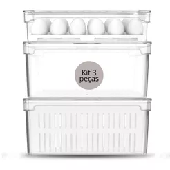 Kit 3 Organizadores de Geladeira Clear Fresh – Porta Ovos, Frutas e Legumes <OU>