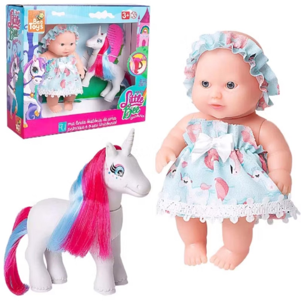 Boneca Bebê Pequena Little Bee e Unicórnio Colorido Brinquedo Rosa Menina - Bee Toys