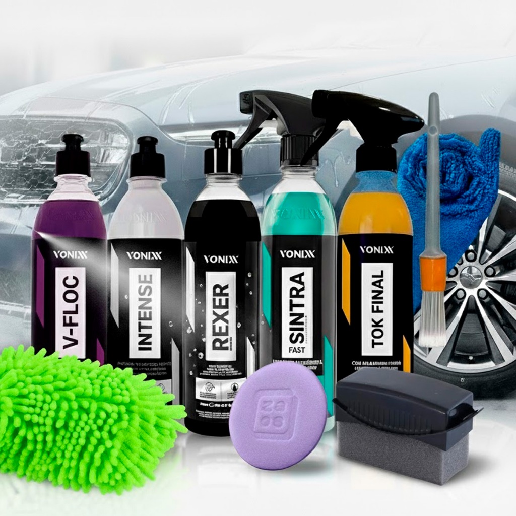 Kit Lavagem Completa Shampoo V-floc Multilimpador Sintra Pneu Pretinho Rexer Cera Carnauba tok final Vonixx