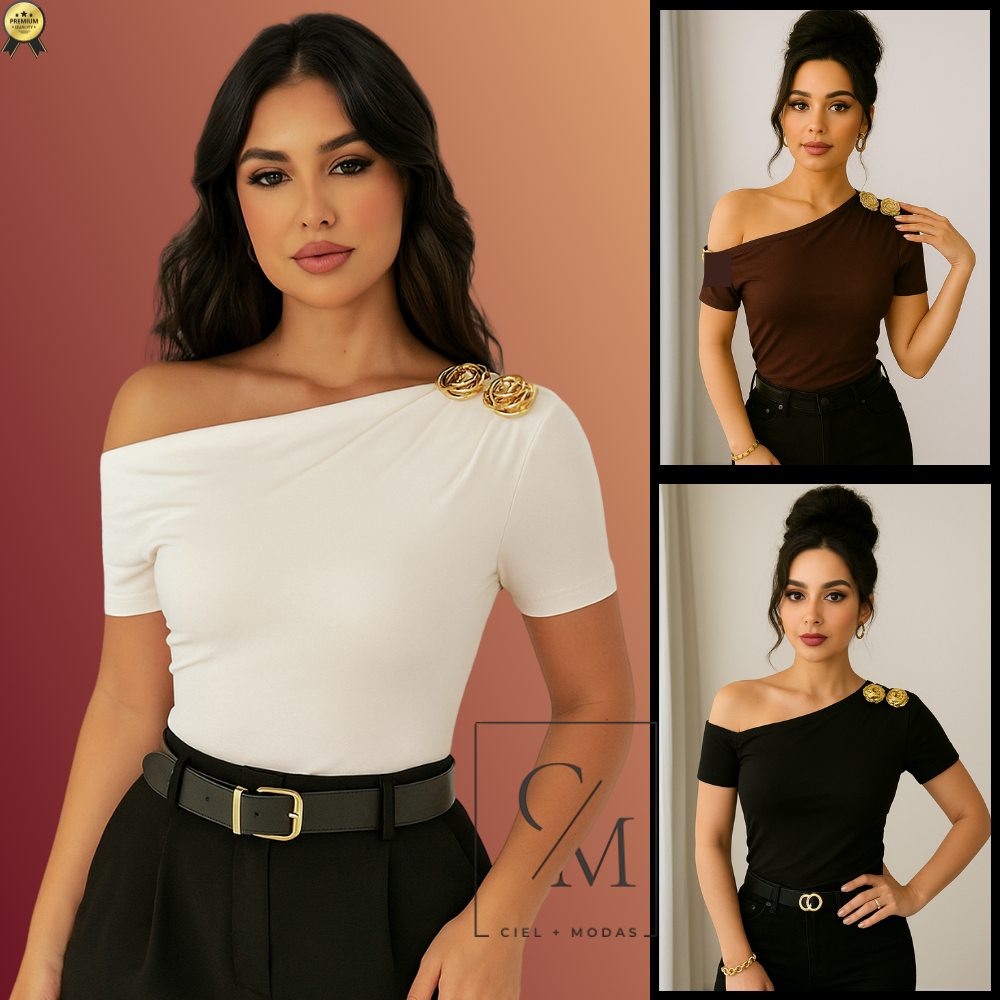 Blusa OMBRO Só Feminina Elegante Drapeada Rosas Douradas Moda Sofisticada Preto, Marrom, Off White em Oferta na Shopee