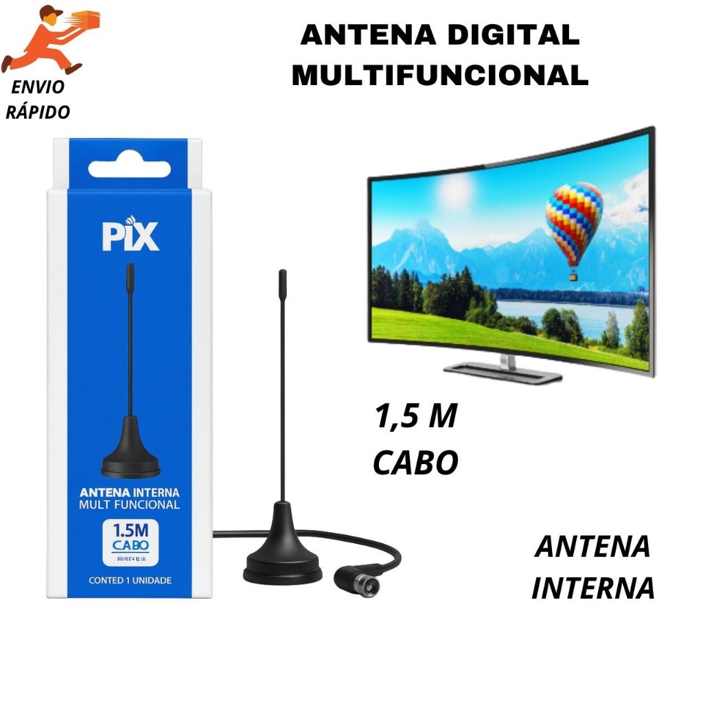Antena Interna Multifuncional com cabo de 1,5 m – sinal potente, fácil instalação e ótima recepção digital