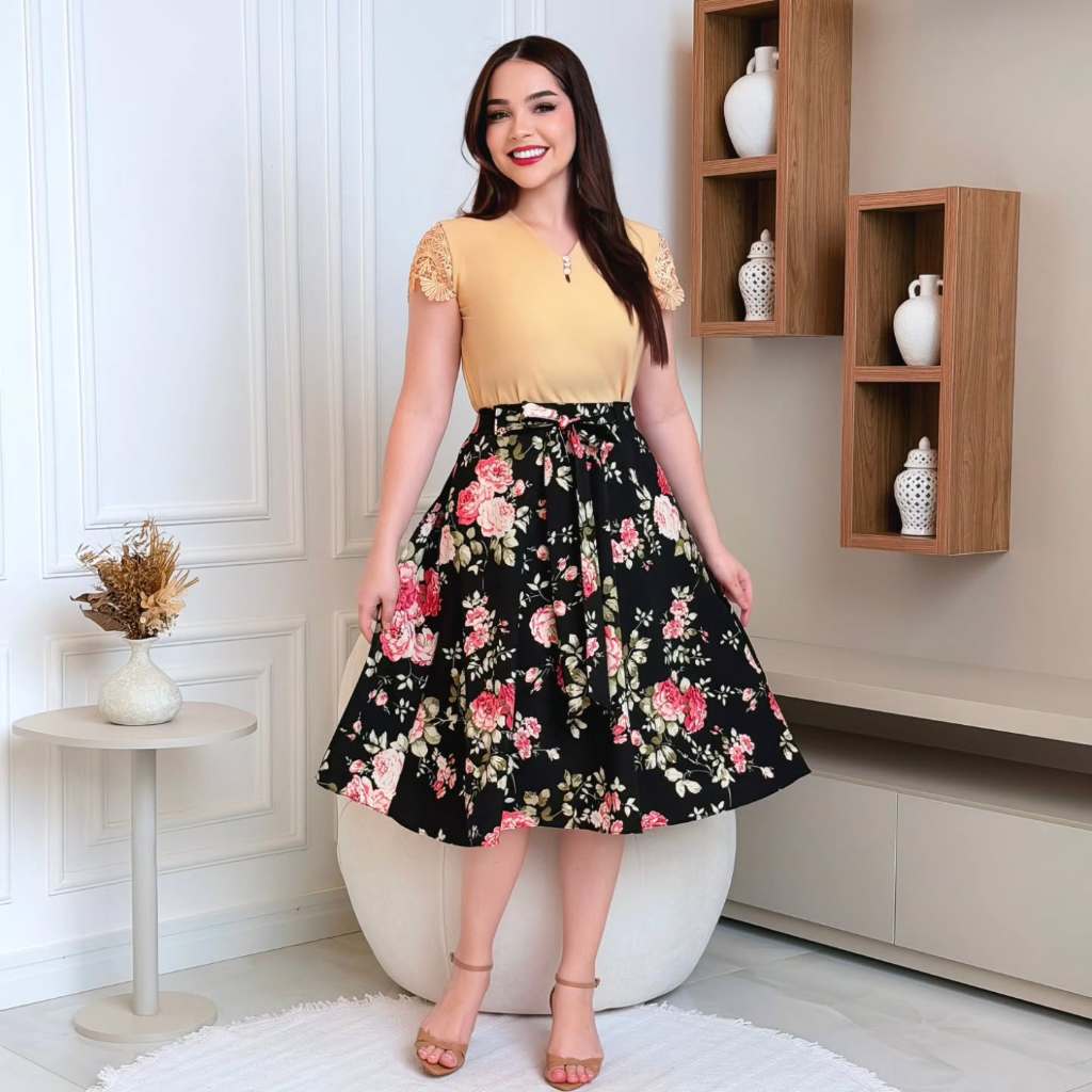 Saia Evangelica Gode Midi Floral / Cintura Alta Elastex atras e Laço / Tamanhos P - M - G / Moda Evangelica Social 2025