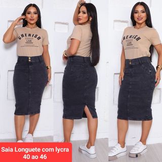 Saia Jeans cor grafite | Saia Jeans Longuete com Lycra | Saia evangélica| Saia casual
