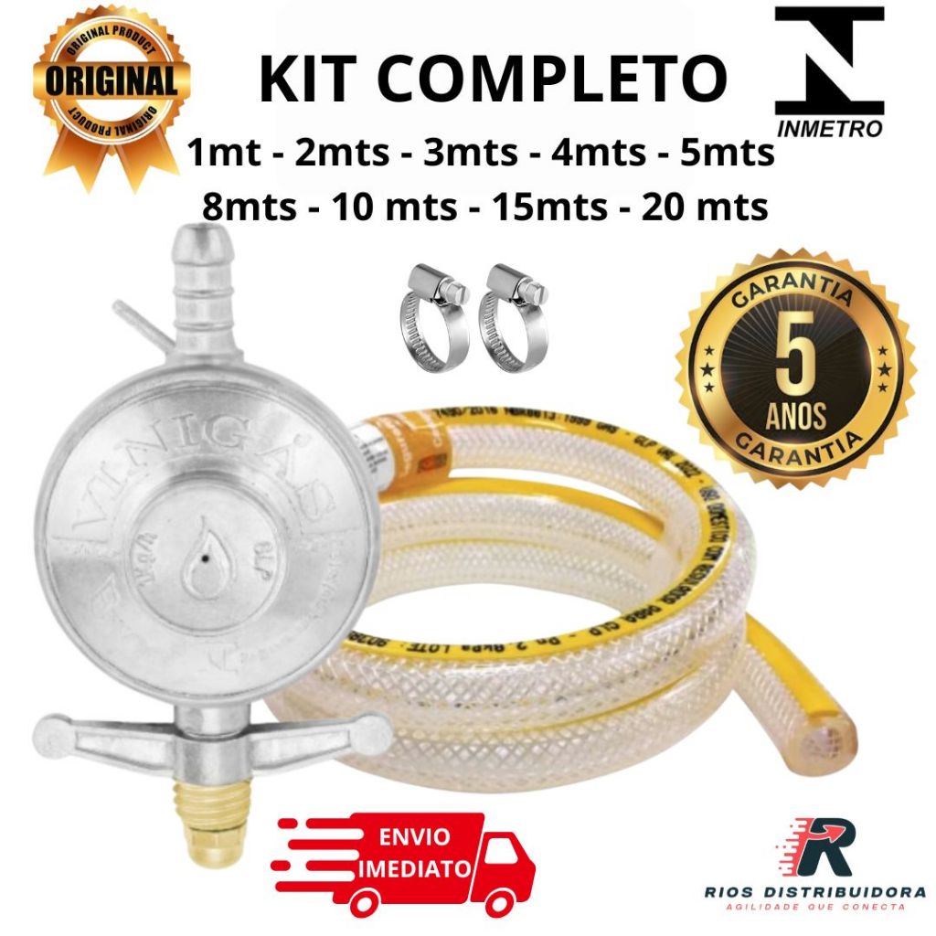 KIT REGISTRO REGULADOR DE GÁS DE COZINHA BOTIJÃO P13 + MANGUEIRA + 2 ABRAÇADEIRAS ENVIO RÁPIDO