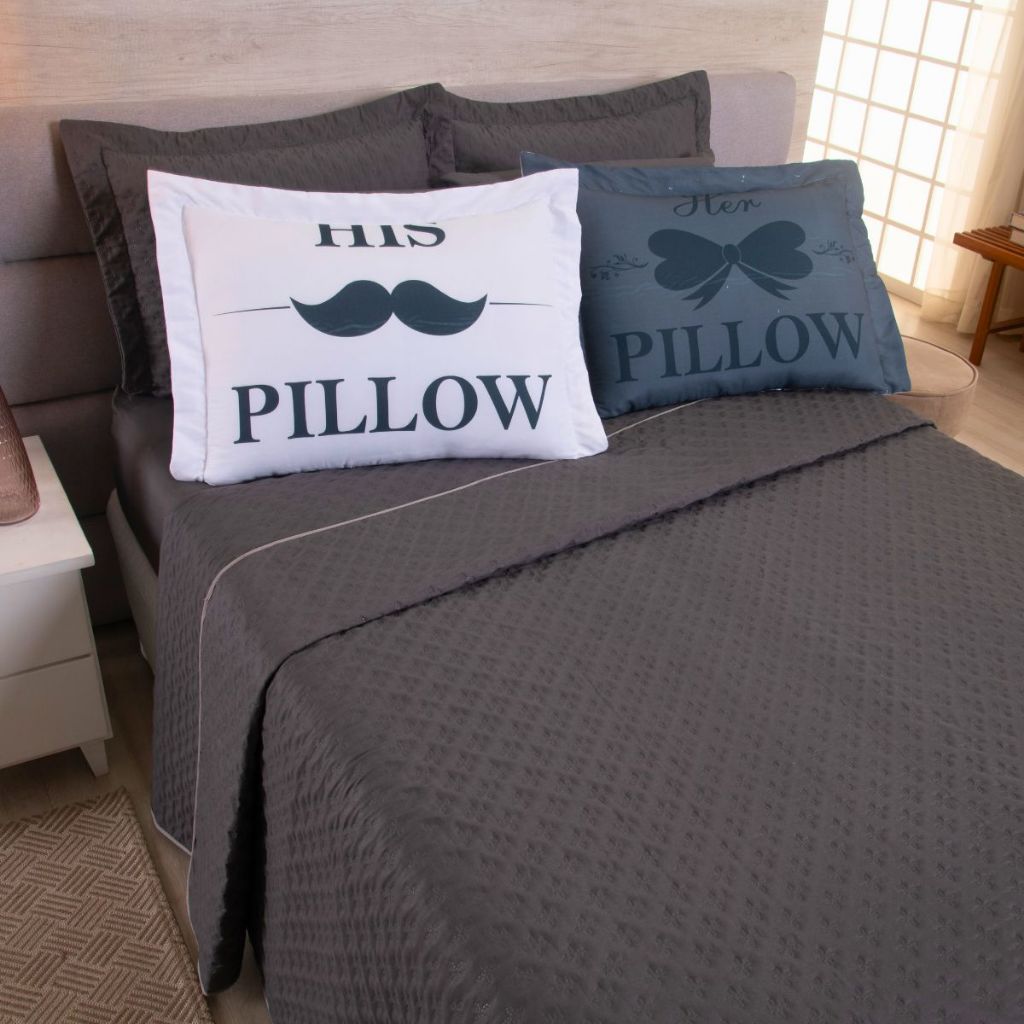 Kit Queen 5 Pçs Cobre Leito His Pillow Her Pillow Matelado Quarto Cinza Decoração Fronha Lavável Bom