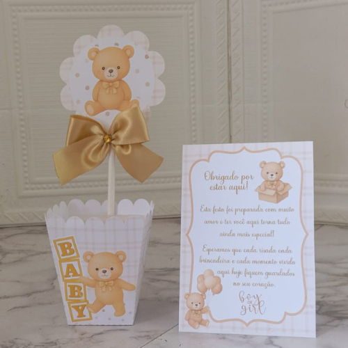 Centro de Mesa Ursinho Bege| Lembrancinha Chá Revelação | Kit Personalizado| Fazemos Todos os Temas