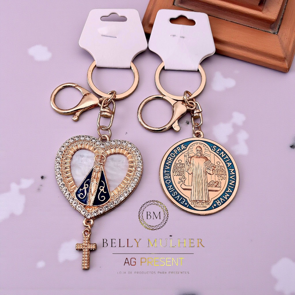 Chaveiro Religioso em Metal Nossa Senhora Aparecida e São Bento Com Strass em Oferta na Shopee