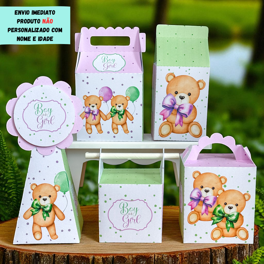KIT FESTA CHA REVELAÇAO LILAS E VERDE Personalizado  pegue e Monte Lembrancinhas - Aniversário - Caixinha pronta entrega