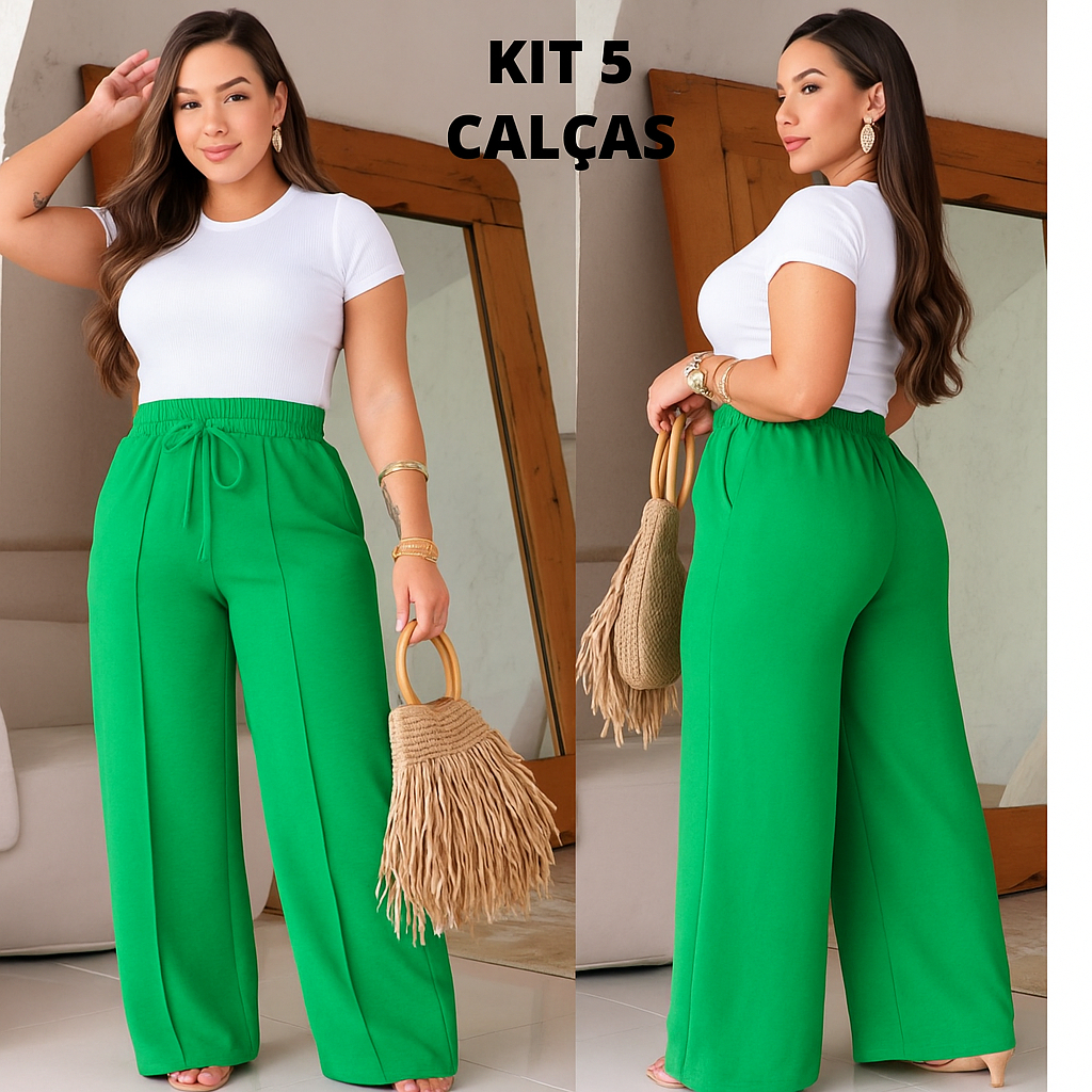 Kit 5 Calças Feminina Pantalona Cintura Alta com Forro Tecido Duna em Oferta na Shopee