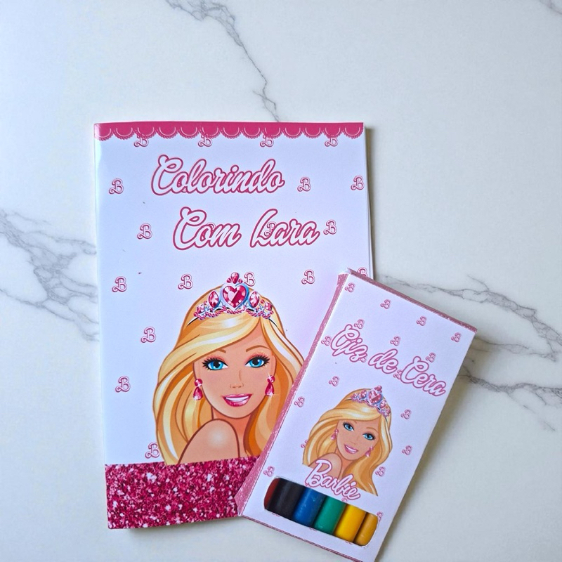 Kit Colorir Barbie Personalizado | Livrinho + Giz de Cera | Lembrancinhas Festa Infantil | Aniversário Menina
