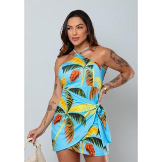VESTIDO SOL - vestido feminino curto amarração envelope amarração estampa coqueiro tropical cores azi l