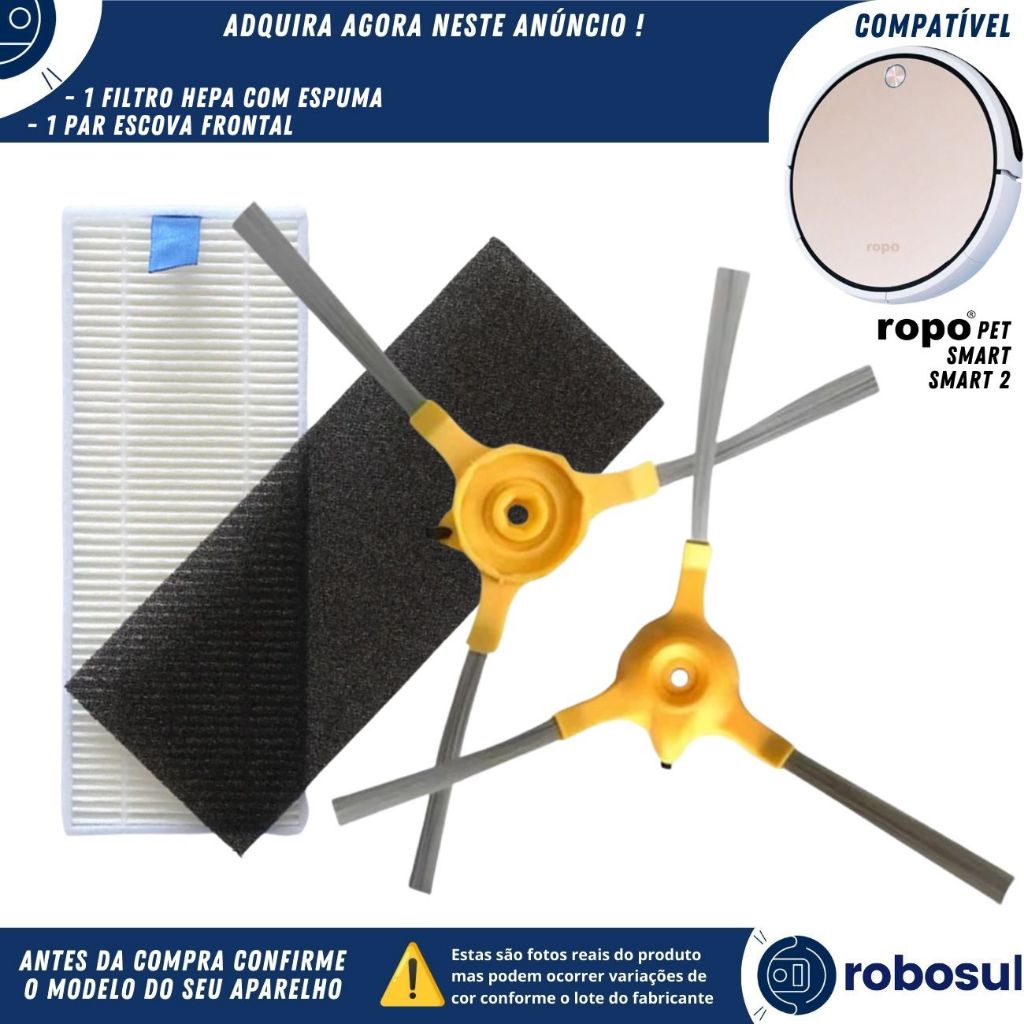 Par de Escova Lateral e Filtro Hepa Para Robô Aspirador Ropo Pet  Ropo Smart 1 e 2 ISWEEP X3