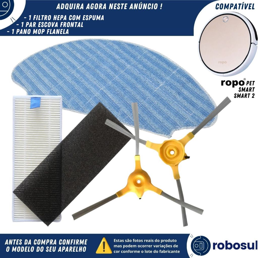 Par Escovas Filtro e Mop Para Robo Aspirador Ropo Pet  Ropo Smart 1 e 2 ISWEEP X3