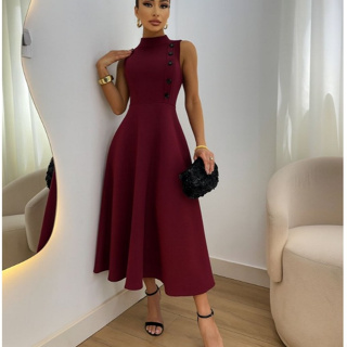 Vestido Mídi Evangélico de Verão Elegante Cintura Alta com Botões, Básico e Casual para Festas Passeio* em Oferta na Shopee