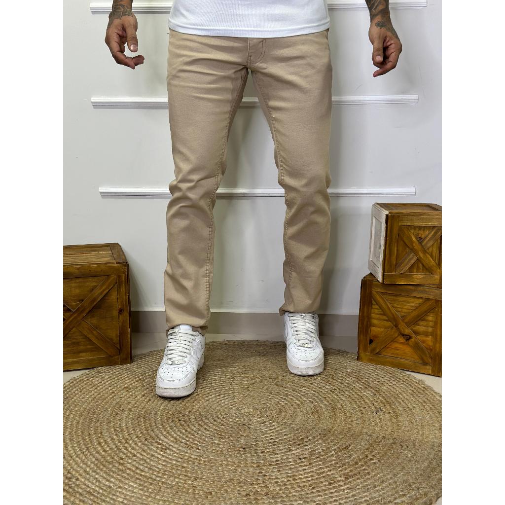 lCalça Sarja Masculina Bege Com Elastano Bolso Faca Slim Chino Premium Casual Social Luxo Confortável Calça Sarja Mascul em Oferta na Shopee