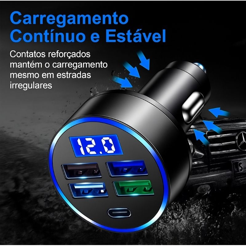 Carregador turbo de carro 5 portas  com display digital  / Carga rápida