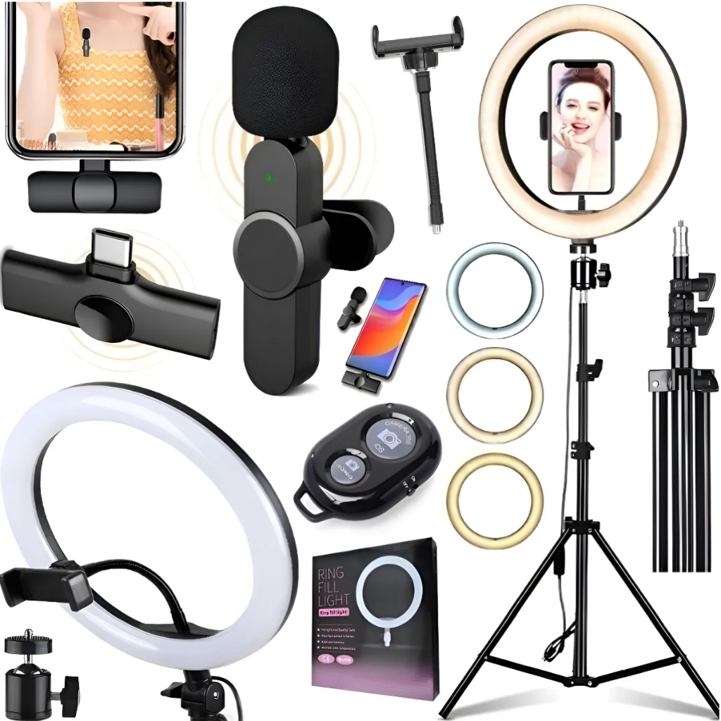 Ring Light com Microfone Lapela Tipo C para fotos e vídeos