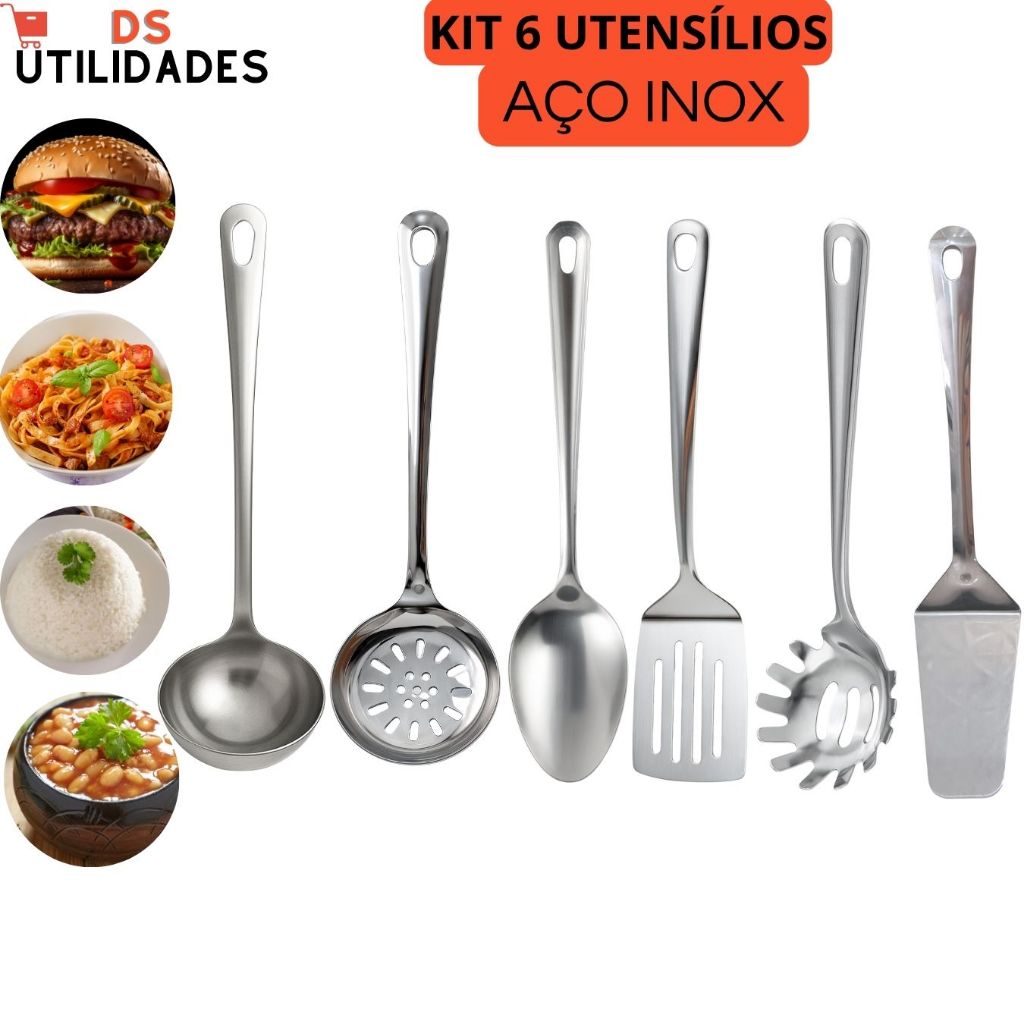 Conjunto Utensílios Para Cozinha 6 Pecas Aço Inox Colher de Servir Concha de Feijão Escumadeira Espátulas Concha Massas