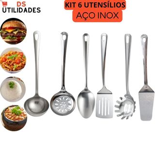 Conjunto Utensílios Para Cozinha 6 Pecas Aço Inox Colher de Servir Concha de Feijão Escumadeira Espátulas Concha Massas