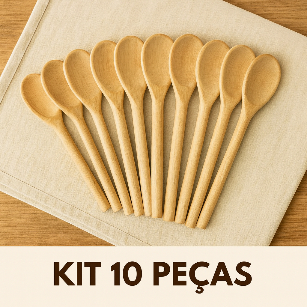 kit com 10 colheres de madeira em pinus para cozinha. em Oferta na Shopee