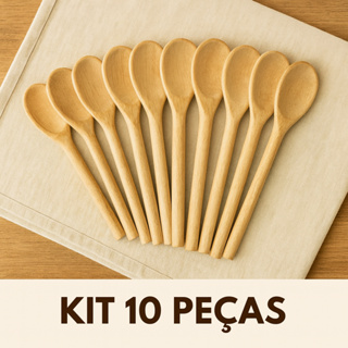 kit com 10 colheres de madeira em pinus para cozinha. em Oferta na Shopee