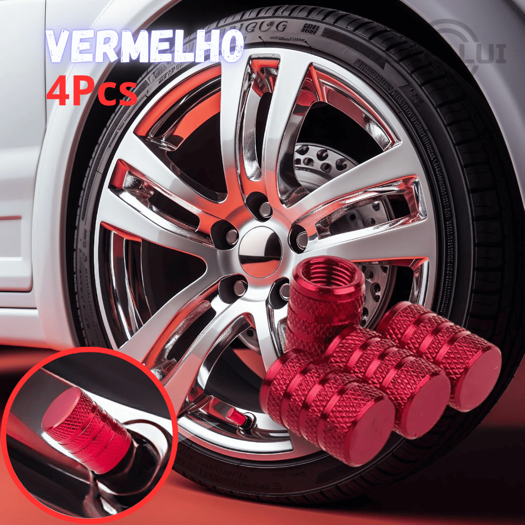 kit 4 Tampinha Tampas Da Válvula Pneu Bico Metal Alumínio Carro Biquinho Moto, Bicicleta Vermelho VM