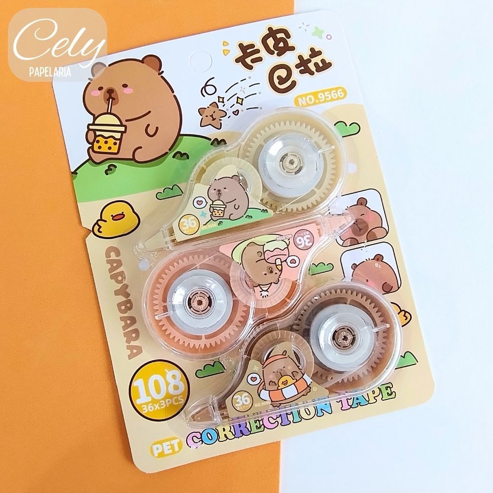 Kit com 3 Fita Corretiva Capivara / Corretivo em Fita / Material Escolar / Papelaria fofa