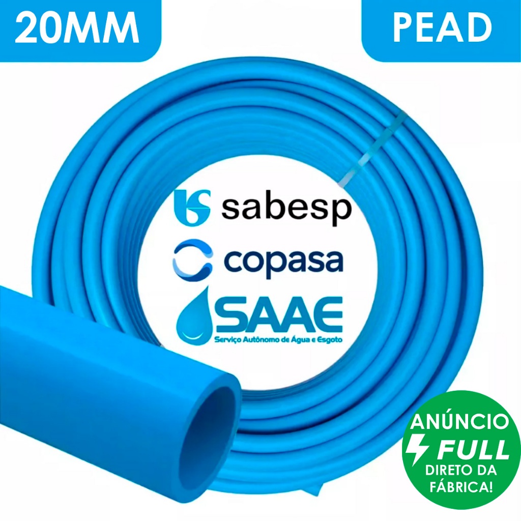 Tubo Mangueira Água / Esgoto PEAD 20mm Padrão Sabesp Copasa SAAE Saneamento Básico 50/100/150/200M
