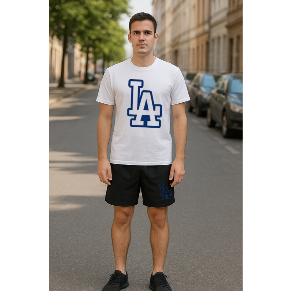 Kit Conjunto Camiseta Estampada Los Angeles Estilosa e Confortavel 100% Algodão Bermuda Tactel Masculino
