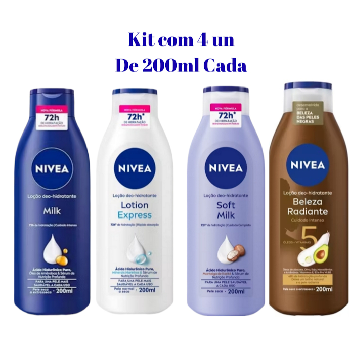 Kit 04 Hidratantes NIVEA Milk + Lotion + Soft + Beleza Radiante com 200ml cada 72 hs Hidratação