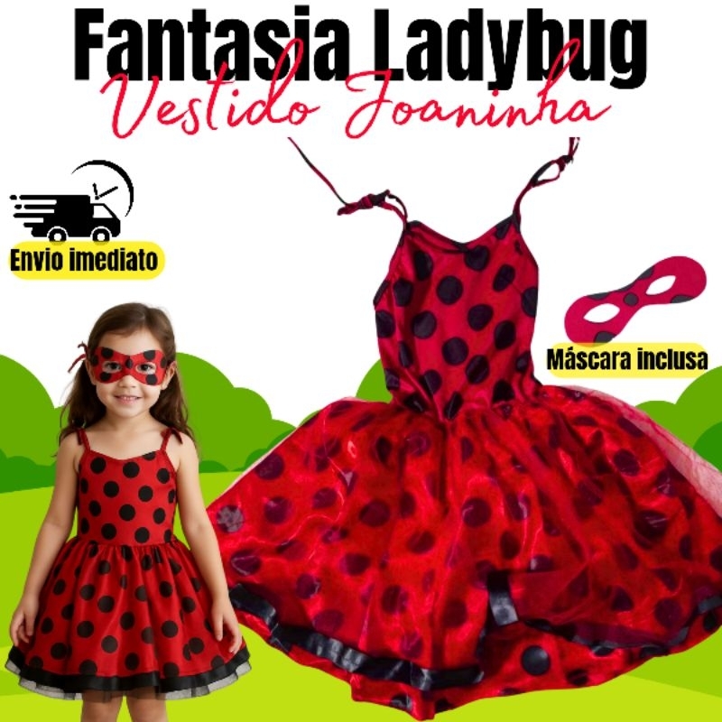 Vestido Ladybug com Máscara Fantasia de Menina Infantil Joaninha Marinette Vermelho e Preto Entrega Rápida