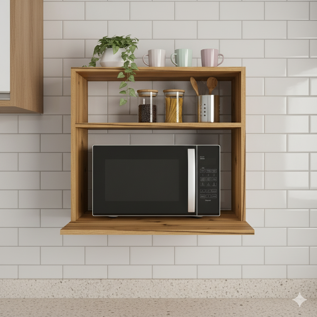 Armário Suporte de Micro-ondas e Forno Elétrico com Nicho – Madeira Freijó Resistente, Cozinha Moderna