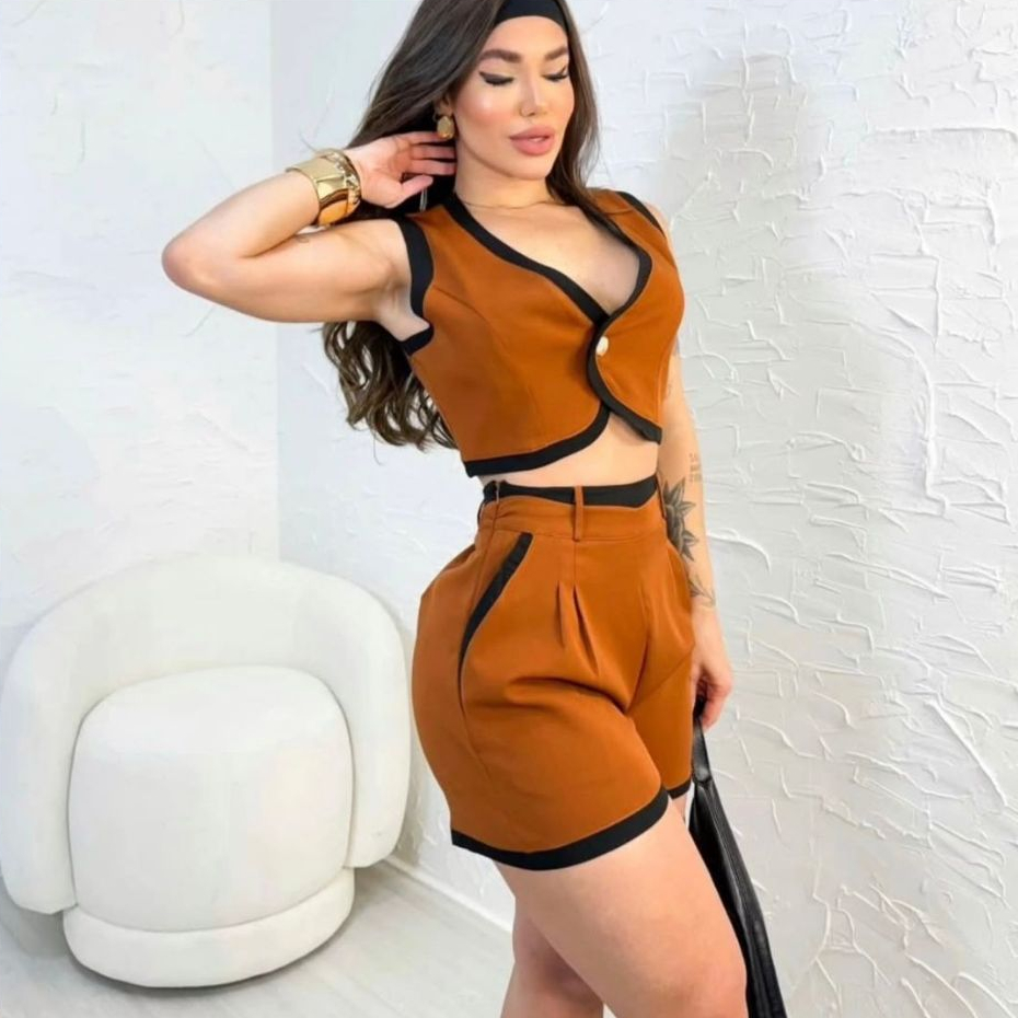 Conjunto Feminino Bicolor em Alfaiataria com Short e Colete Com Bolso Elegante e Casual em Oferta na Shopee