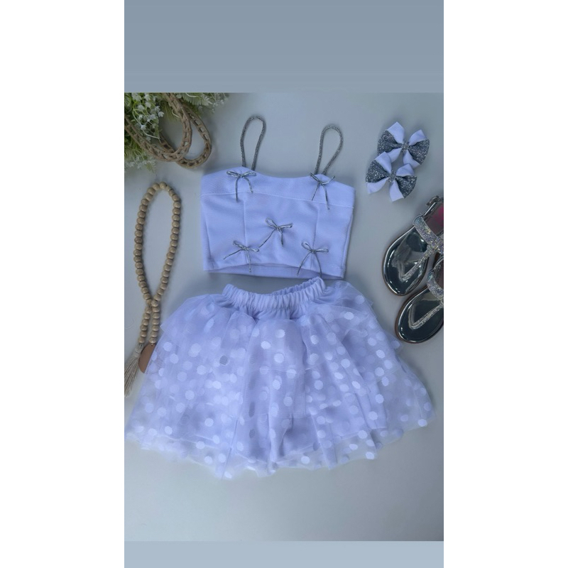 envio rápido PROMOÇÃO Conjunto Infantil Feminino – Cropped Ribana com Lacinhos Prateados + Saia Tule Poá envio rápido