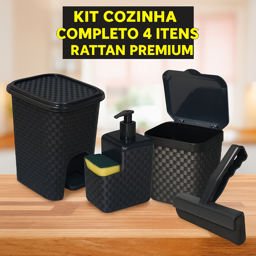 Kit Cozinha 4 Peças Rattan Preto | Lixeira Pedal + Lixeira Pia + Porta Detergente + Rodinho