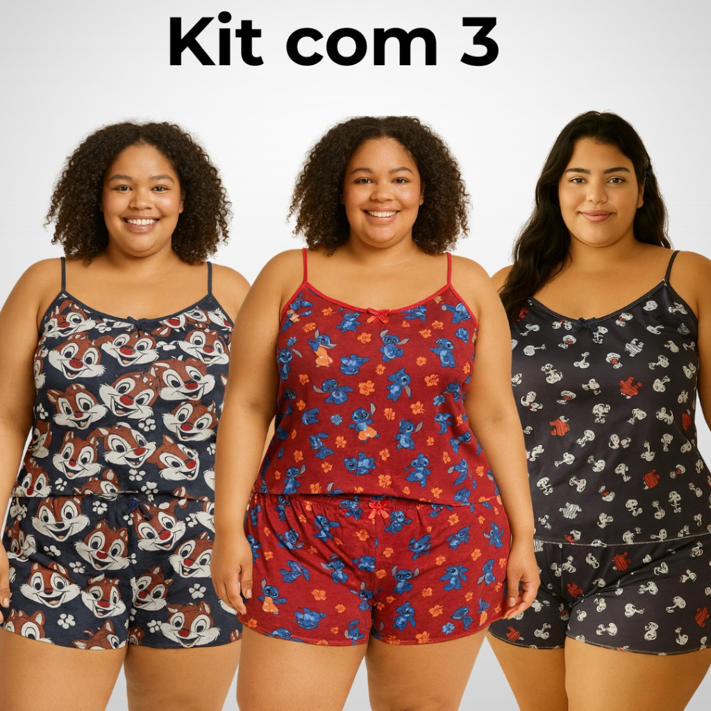 Kit Conjuntos Plus Size G1| G2| G3 De Dormir Feminino Baby Doll Short e Blusa Alcinha em Malha Leve