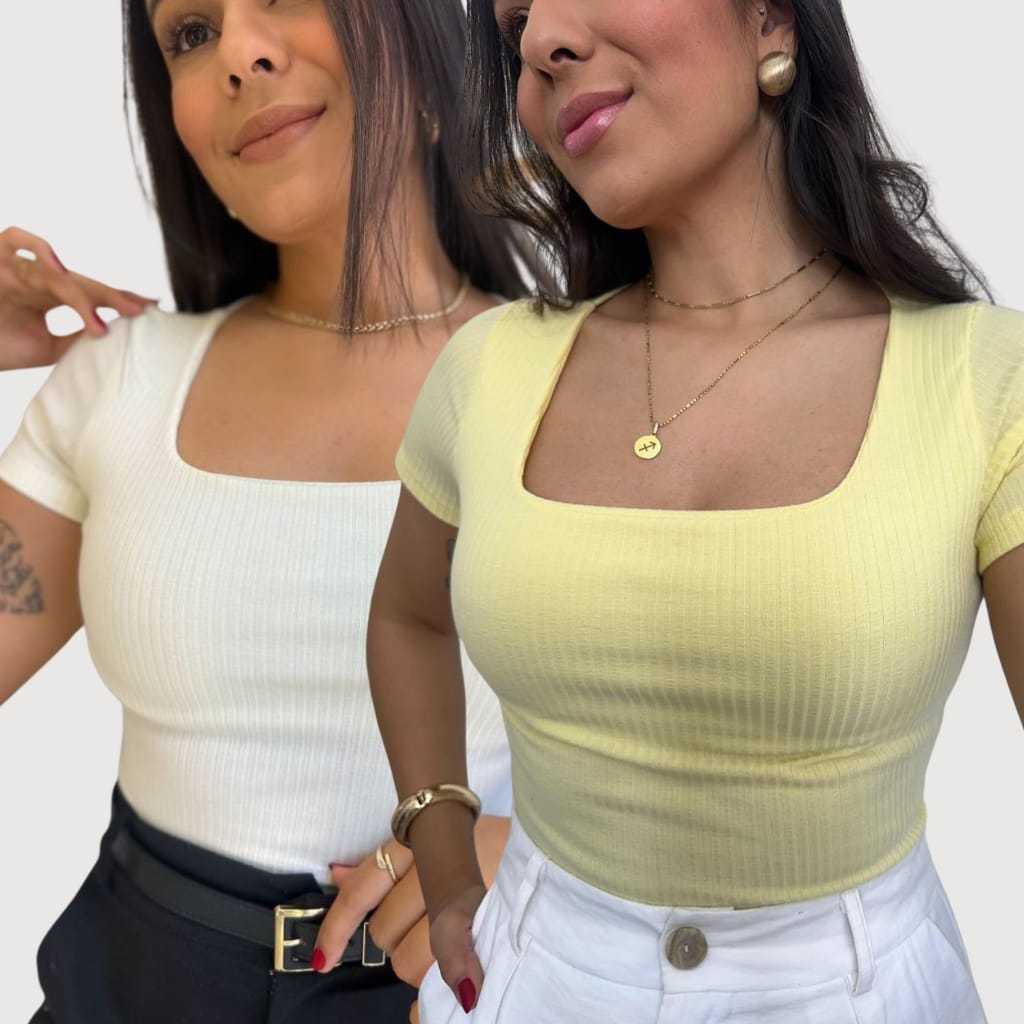 Kit 2 Blusa Feminina Canelada Decote Quadrado Manga Curta – Básica, Moderna e Confortável