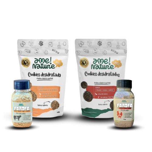 Kit com 2 saborizantes de ração Pet 100% Natural + 2 Pacotes de petiscos tamanho mini com 100 gramas