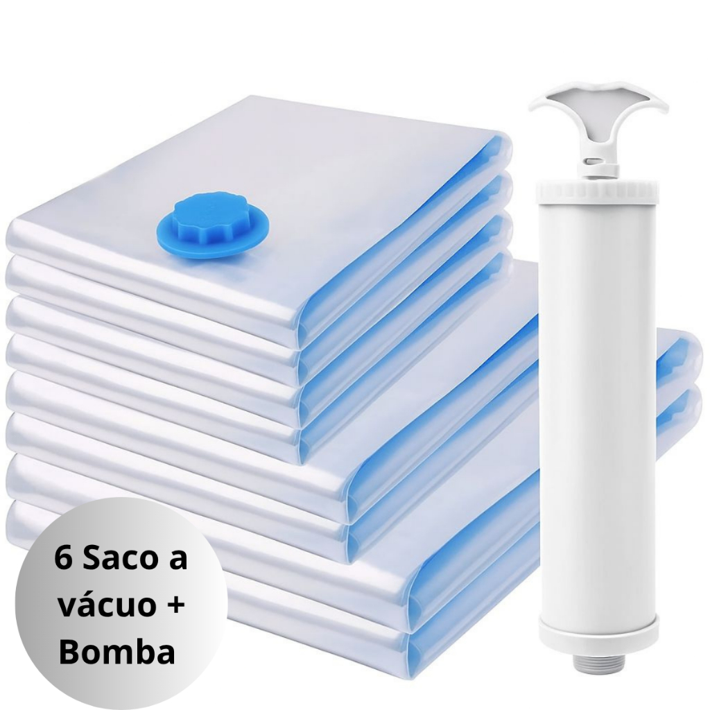 kit  6 Sacos a Vácuo  + Bomba Manual - Organizador Compacto para Viajem - Mala, Guarda Roupa 50x 60 em Oferta na Shopee