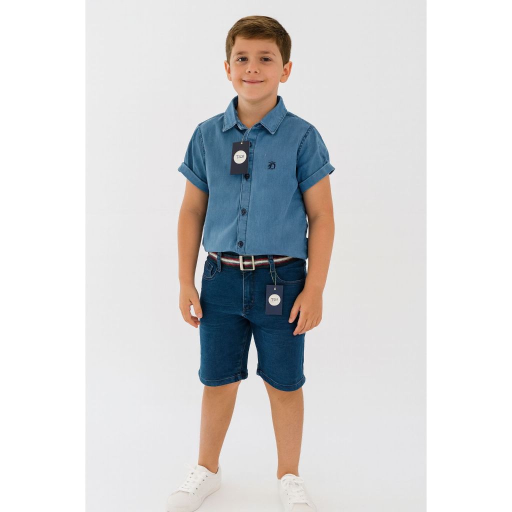 Conjunto Infantil Juvenil meninos jeans Bermuda Jeans + camisa jeans lycra TAM 10 12 14 e 16 Anos